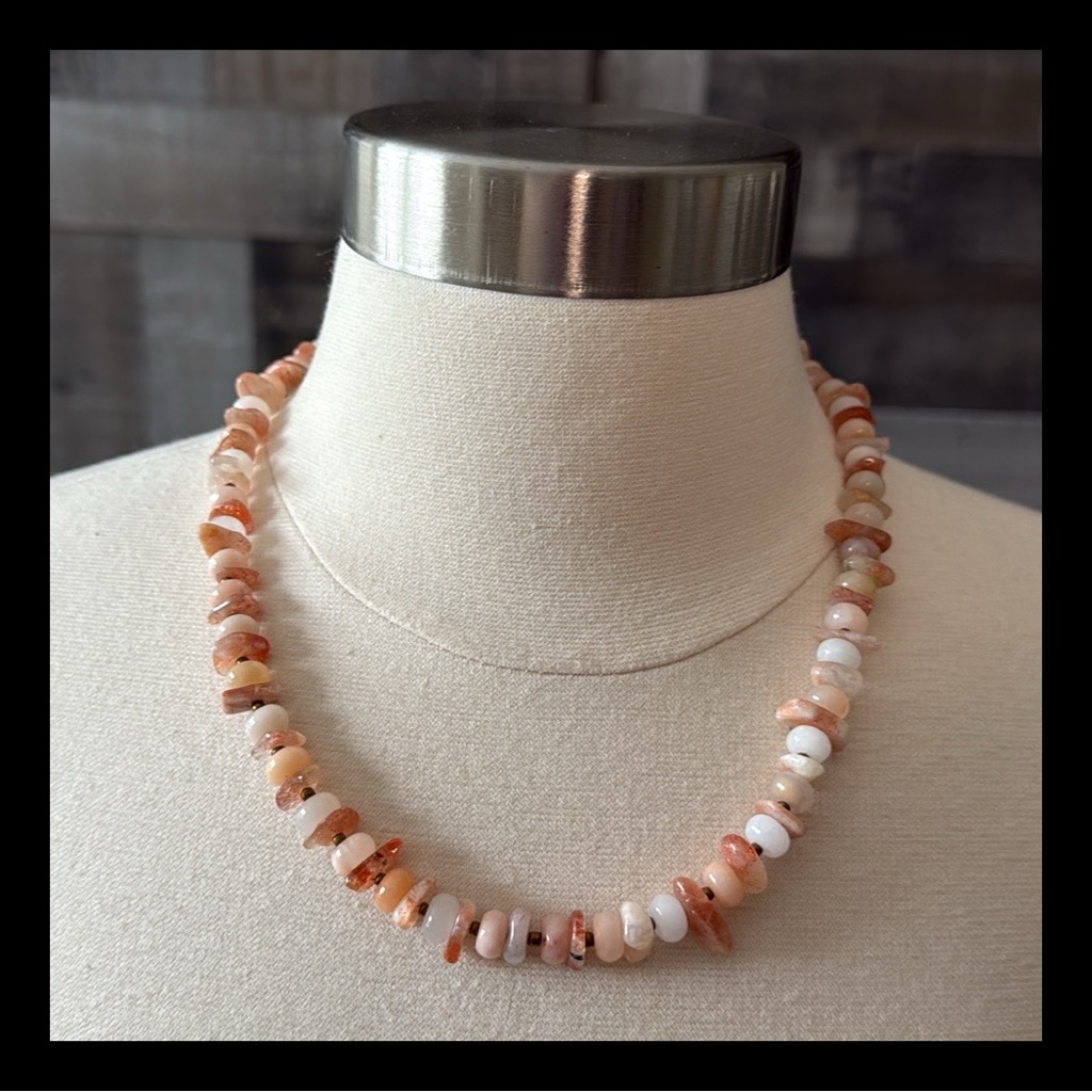 Handcrafted Natural Gemstone Necklace 20â Peach Aventurine Sunstone Bronze